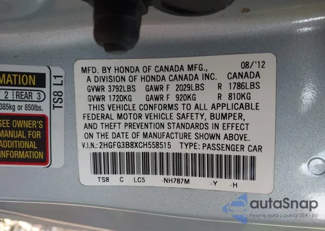 2012 Honda Civic Ex from USA, damaged, VIN 2HGFG3B8XCH558515